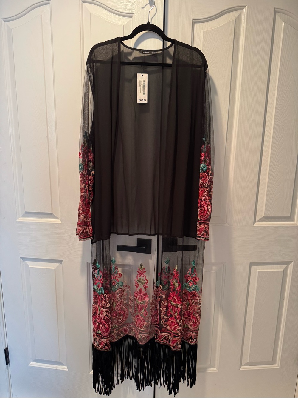 Boohoo Sheer Black Mesh Kimono Duster with Pink Floral Embroidery
